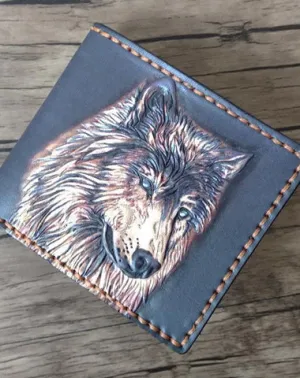 Handmade Wolf Black Tooled Leather billfold Wallet Small Wallet Cool Wallet For Men