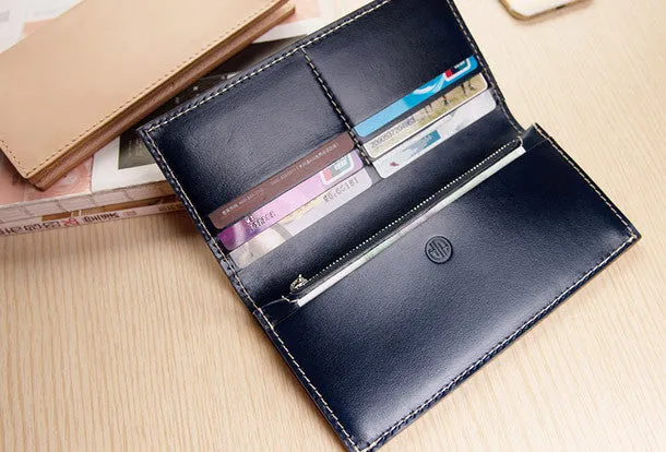 Handmade women long leather wallet beige vintage brown black green blue