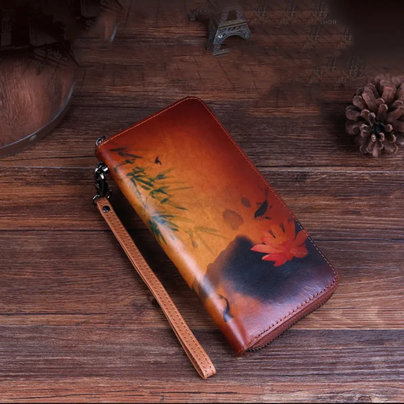 Handmade Womens Black Leather Zip Around Wallet Wash Painting Flowers Wristlet Wallet Ladies Zipper Clutch Wallet for Women