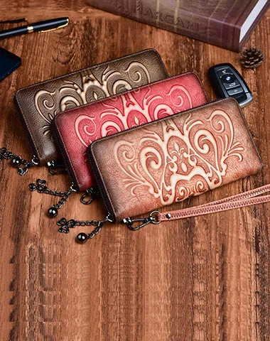 Handmade Womens Floral Leather Zip Around Wallet Wristlet Wallet Floral Ladies Zipper Clutch Wallet for Women