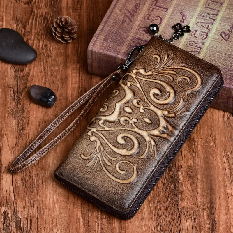 Handmade Womens Floral Leather Zip Around Wallet Wristlet Wallet Floral Ladies Zipper Clutch Wallet for Women