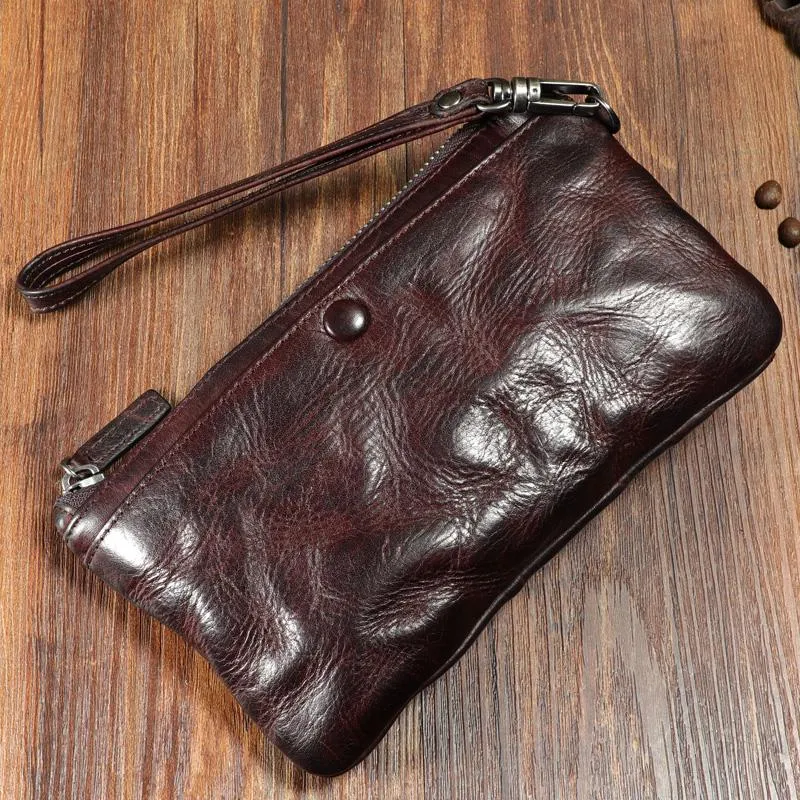 Handmade Wrinkled Leather Mens Brown Cool Long Wristlet Wallet Black Clutch Wallet for Men
