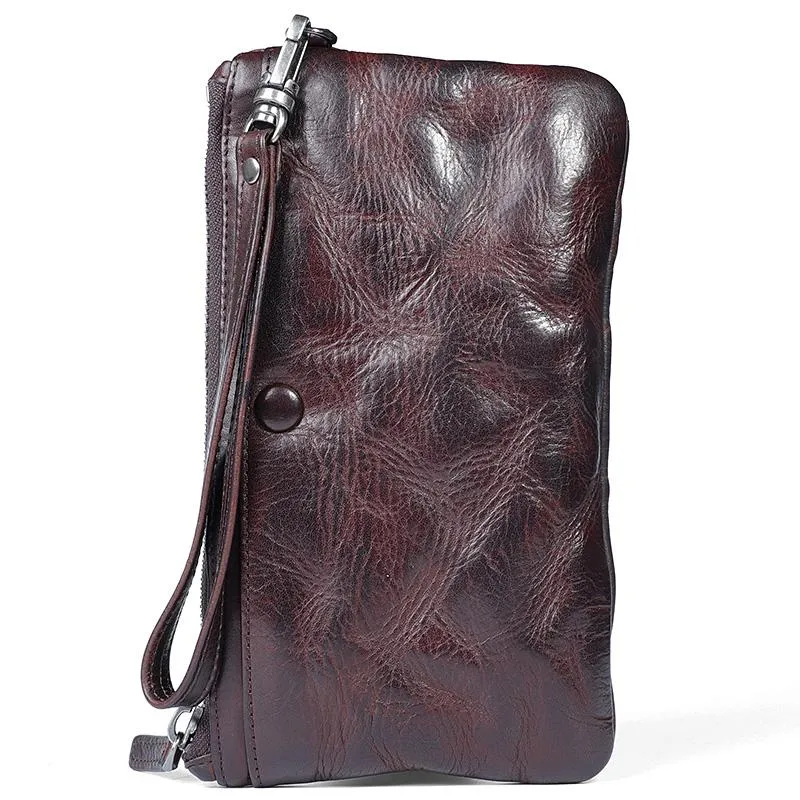 Handmade Wrinkled Leather Mens Brown Cool Long Wristlet Wallet Black Clutch Wallet for Men