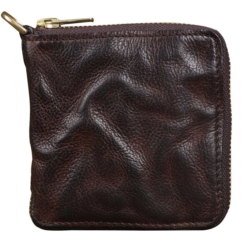 Handmade Wrinkled Mens Leather Cool billfold Chain Wallet Men Small Bifold Biker Wallets for Men