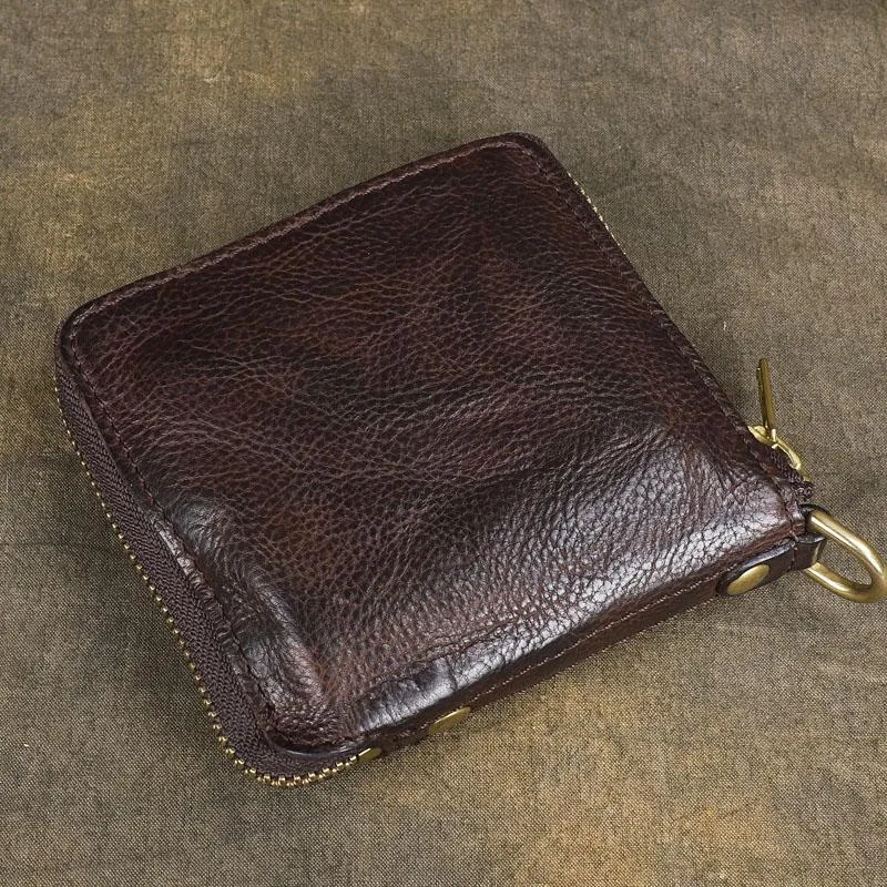 Handmade Wrinkled Mens Leather Cool billfold Chain Wallet Men Small Bifold Biker Wallets for Men