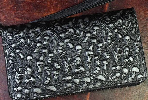 Handmade zip long wallet leather men skull death clutch phone wallet for men