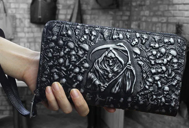 Handmade zip long wallet leather men skull death clutch phone wallet for men