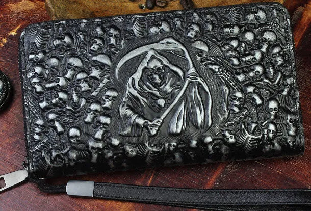 Handmade zip long wallet leather men skull death clutch phone wallet for men
