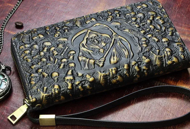 Handmade zip long wallet leather men skull death clutch phone wallet for men