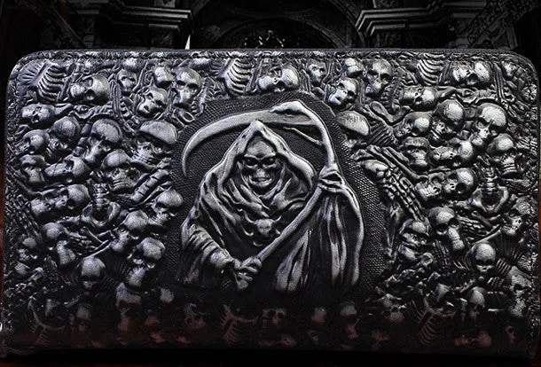Handmade zip long wallet leather men skull death clutch phone wallet for men