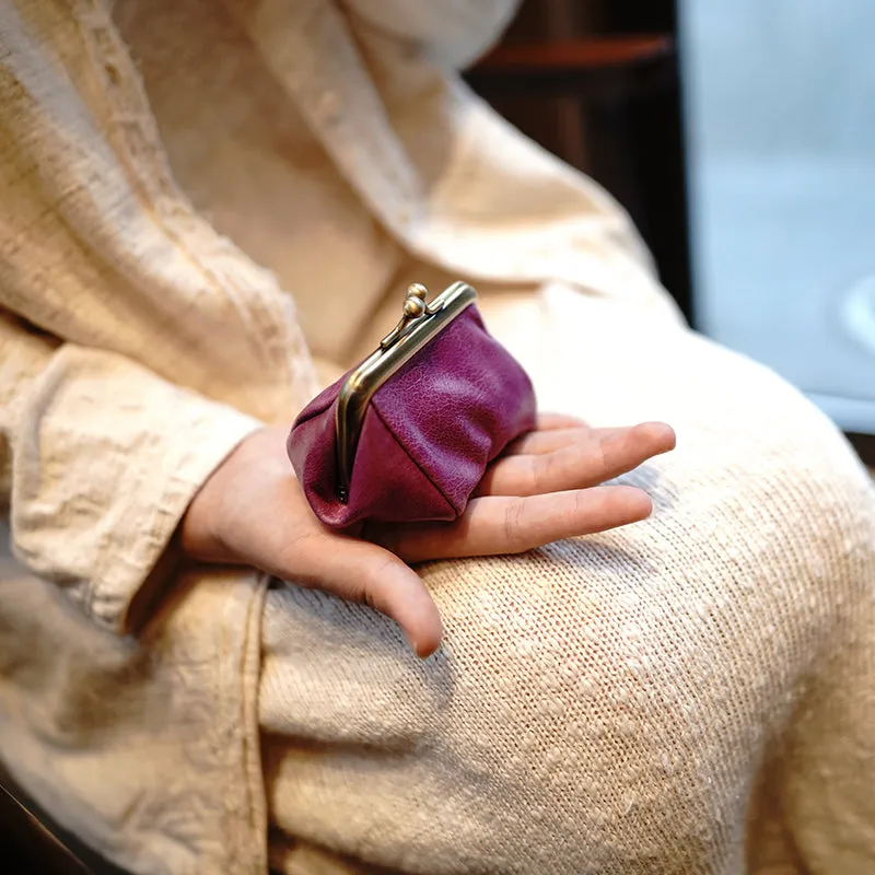 Leather Coin Purse with Kiss Lock Womens Coin Clasp Purse Leather Coin Pouch Wallet