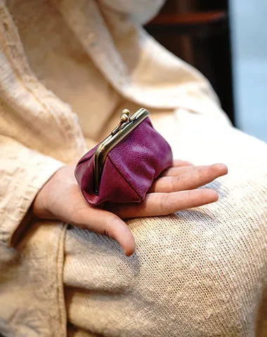Leather Coin Purse with Kiss Lock Womens Coin Clasp Purse Leather Coin Pouch Wallet