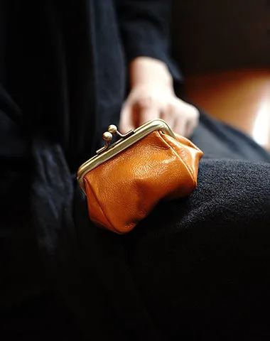 Leather Coin Purse with Kiss Lock Womens Coin Clasp Purse Leather Coin Pouch Wallet