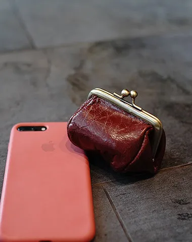 Leather Coin Purse with Kiss Lock Womens Coin Clasp Purse Leather Coin Pouch Wallet