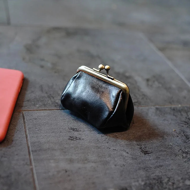 Leather Coin Purse with Kiss Lock Womens Coin Clasp Purse Leather Coin Pouch Wallet