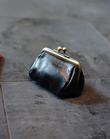 Leather Coin Purse with Kiss Lock Womens Coin Clasp Purse Leather Coin Pouch Wallet
