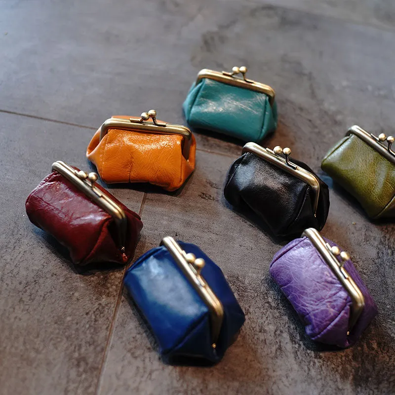 Leather Coin Purse with Kiss Lock Womens Coin Clasp Purse Leather Coin Pouch Wallet