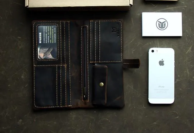 Leather Long Wallets for men Bifold Vintage Men Long Wallet