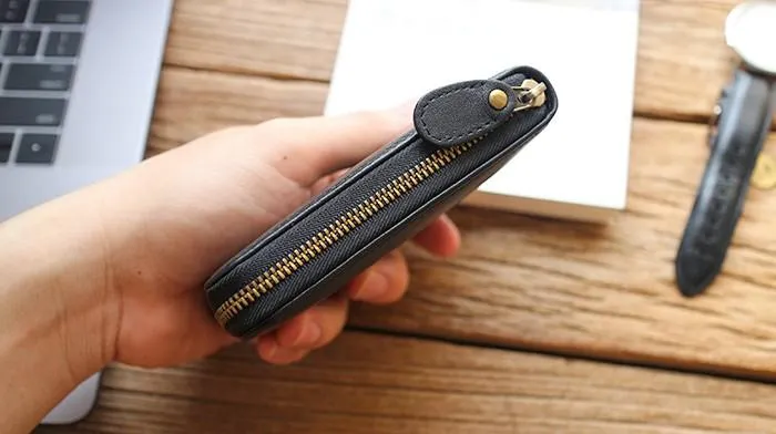 Leather Mens Black Zipper Small Wallet Front Pocket Wallet billfold Small Wallet for Men