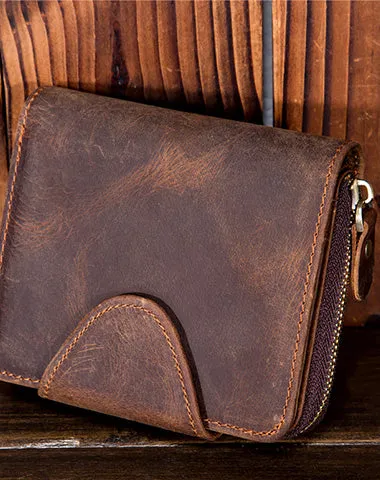 Leather Mens Wallet billfold Zipper Bifold Wallet Vintage Wallet for Men