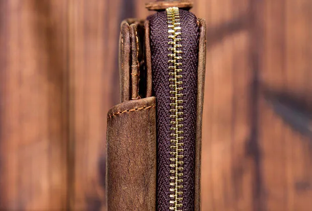 Leather Mens Wallet billfold Zipper Bifold Wallet Vintage Wallet for Men