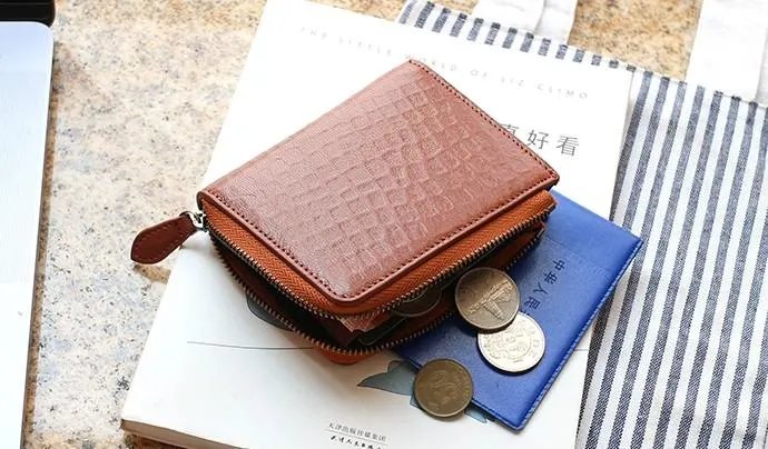 Leather Mens Zipper Small Wallet Slim Wallet Front Pocket Wallet billfold Card Wallet for Men