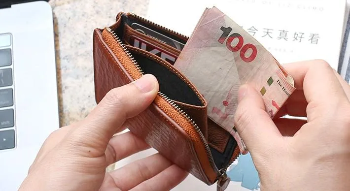 Leather Mens Zipper Small Wallet Slim Wallet Front Pocket Wallet billfold Card Wallet for Men