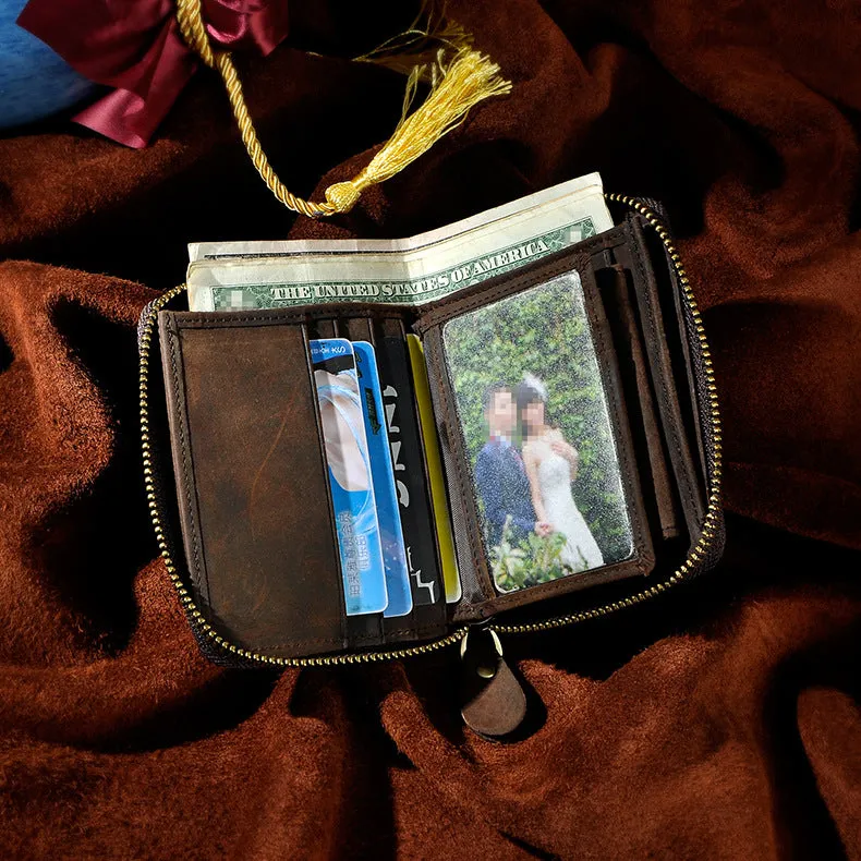 Leather Small Mens Wallet Zipper Bifold billfold Vintage Wallet for Men