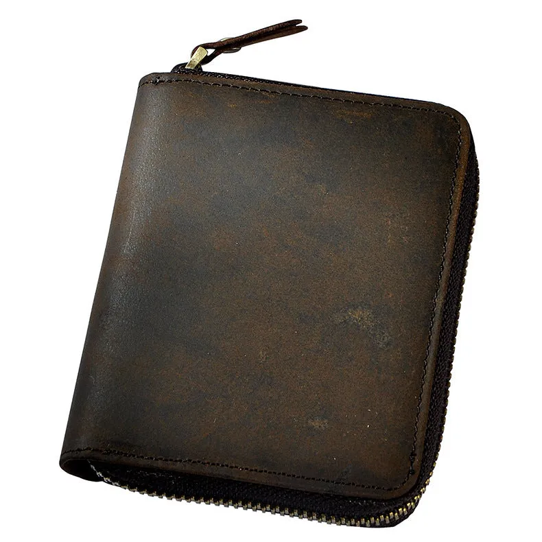 Leather Small Mens Wallet Zipper Bifold billfold Vintage Wallet for Men