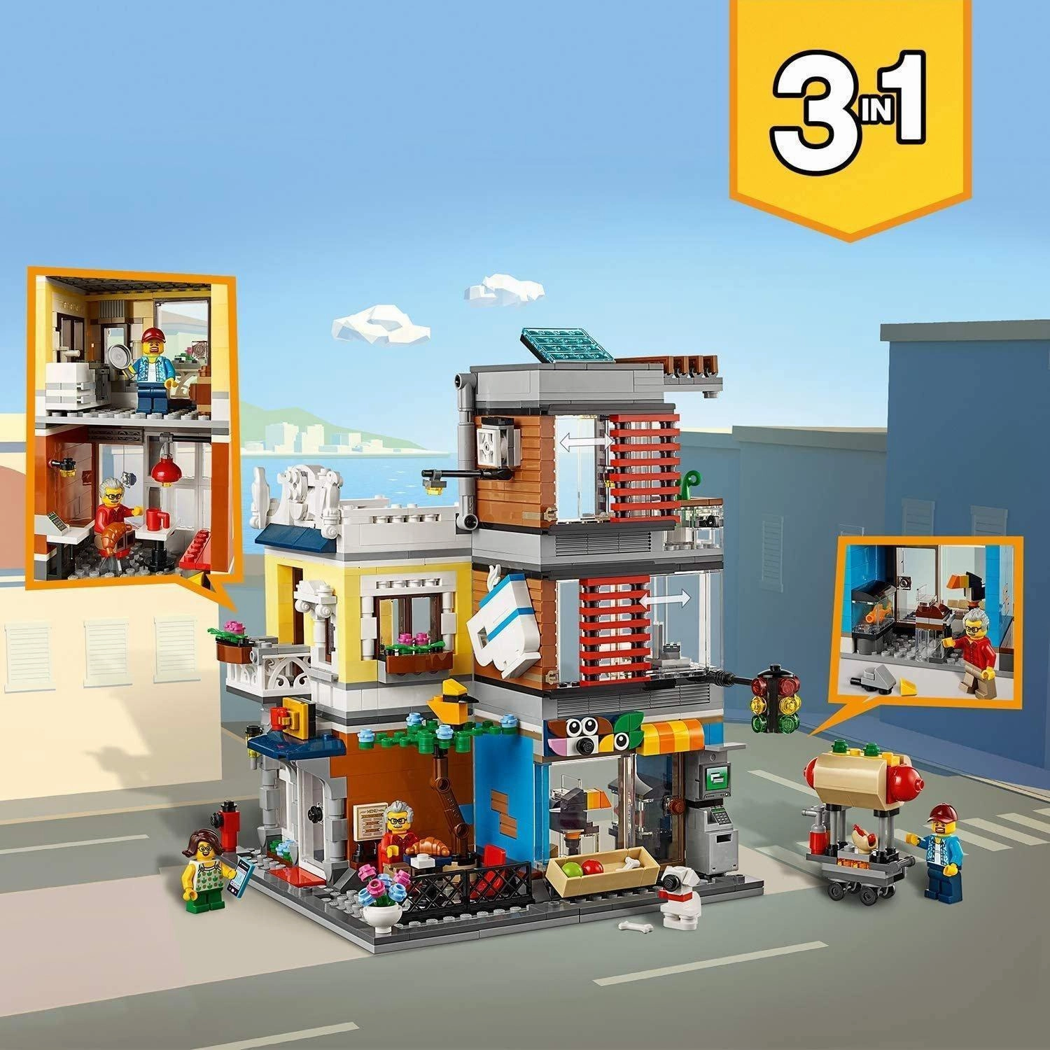 LEGO 31097 CREATOR 3-in-1 Townhouse Pet Shop and Cafe Building Toy Brickset with 3 Minifigures