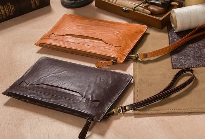 Long Leather Mens Clutch Wallet Wristlet Wallet Vintage Zipper Clutch for Men