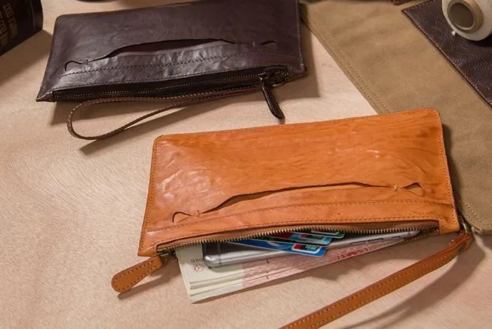 Long Leather Mens Clutch Wallet Wristlet Wallet Vintage Zipper Clutch for Men