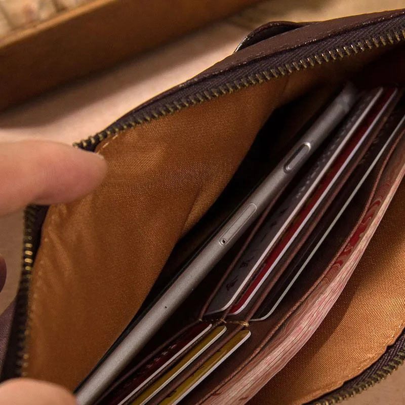 Long Leather Mens Clutch Wallet Wristlet Wallet Vintage Zipper Clutch for Men