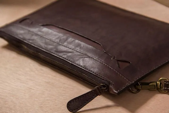 Long Leather Mens Clutch Wallet Wristlet Wallet Vintage Zipper Clutch for Men