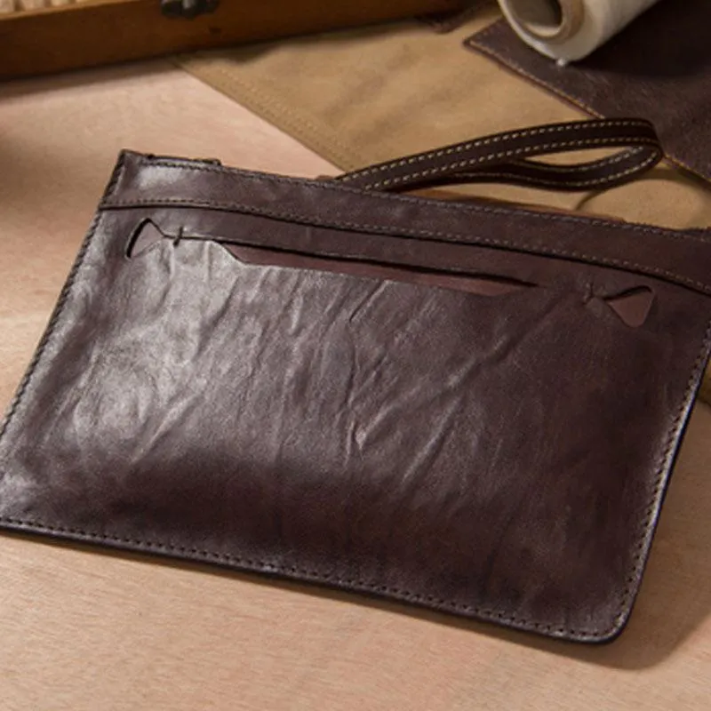 Long Leather Mens Clutch Wallet Wristlet Wallet Vintage Zipper Clutch for Men