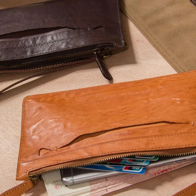 Long Leather Mens Clutch Wallet Wristlet Wallet Vintage Zipper Clutch for Men