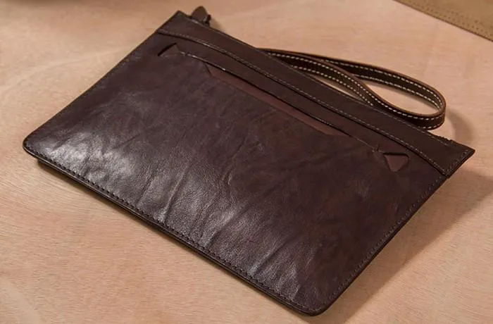 Long Leather Mens Clutch Wallet Wristlet Wallet Vintage Zipper Clutch for Men