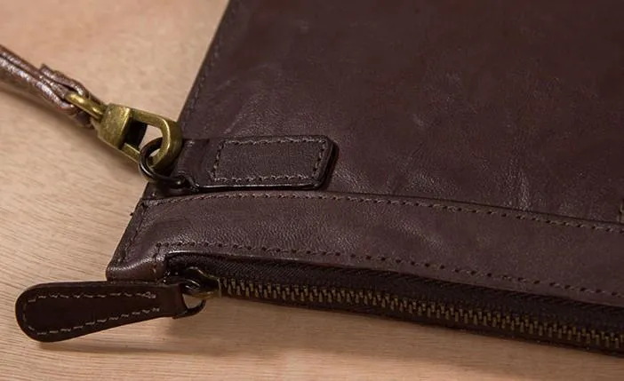 Long Leather Mens Clutch Wallet Wristlet Wallet Vintage Zipper Clutch for Men