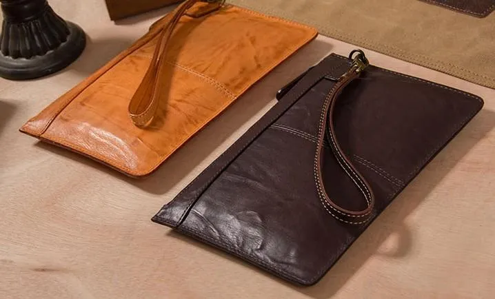 Long Leather Mens Clutch Wallet Wristlet Wallet Vintage Zipper Clutch for Men