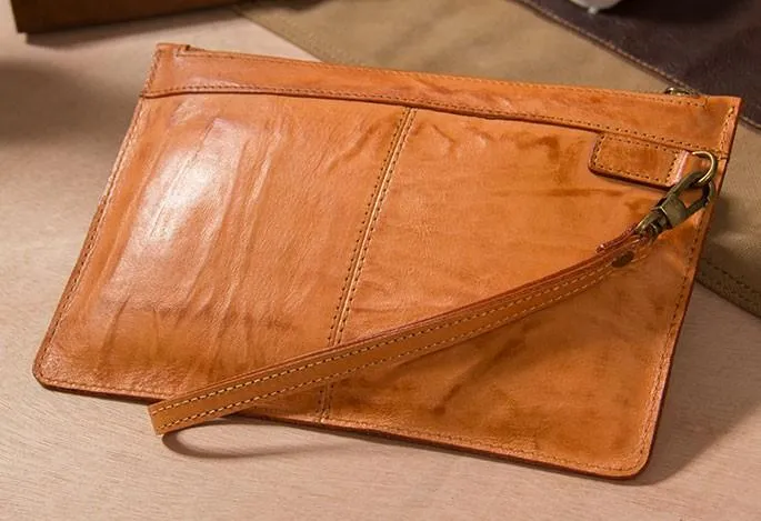 Long Leather Mens Clutch Wallet Wristlet Wallet Vintage Zipper Clutch for Men
