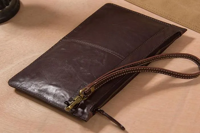 Long Leather Mens Clutch Wallet Wristlet Wallet Vintage Zipper Clutch for Men