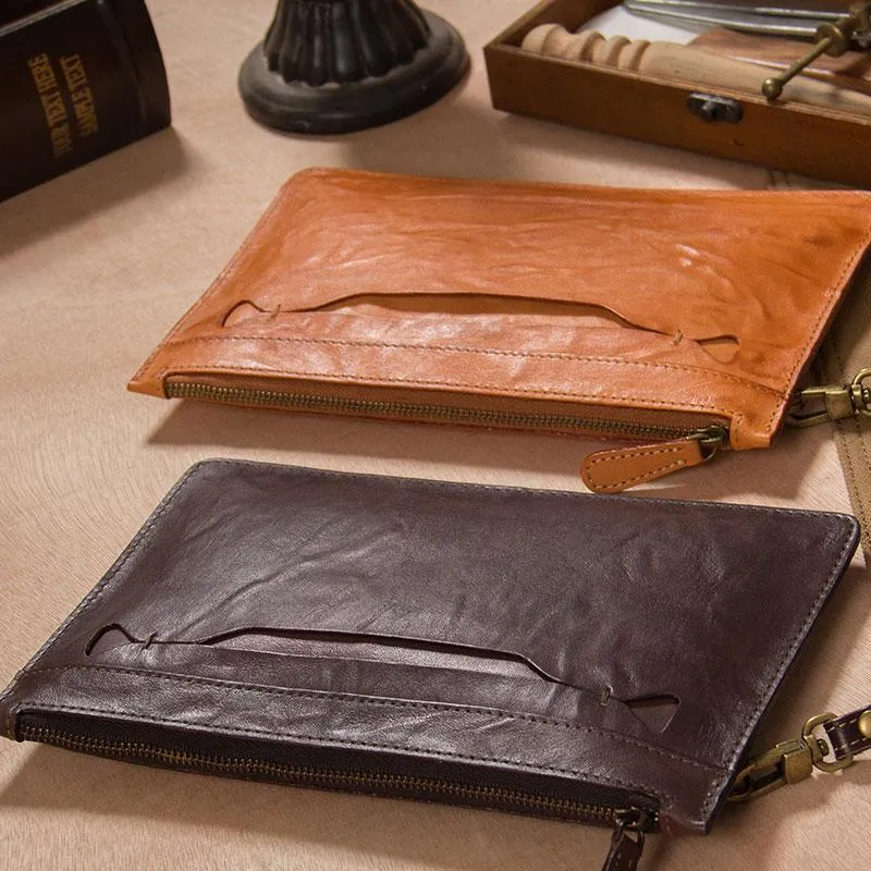 Long Leather Mens Clutch Wallet Wristlet Wallet Vintage Zipper Clutch for Men