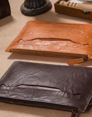 Long Leather Mens Clutch Wallet Wristlet Wallet Vintage Zipper Clutch for Men