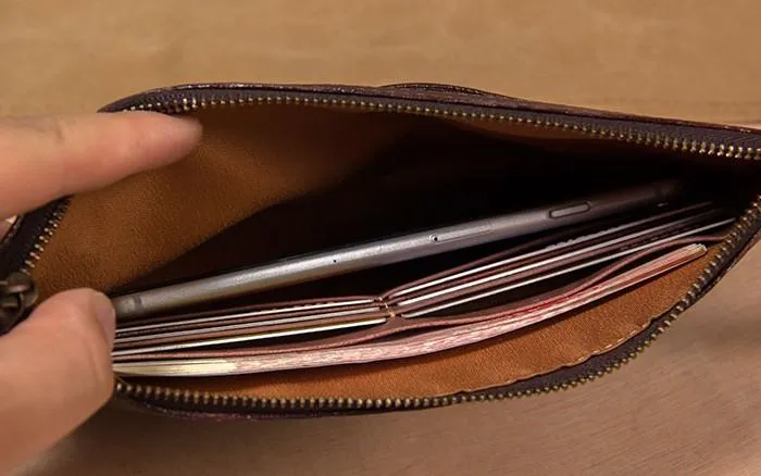 Long Leather Mens Clutch Wallet Wristlet Wallet Vintage Zipper Clutch for Men