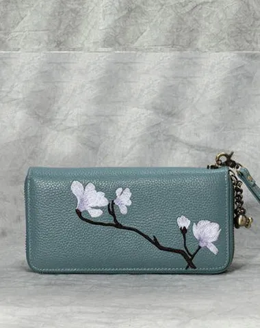 Magnolia Flower Embroidery Gray Leather Magnolia Wristlet Wallet Womens Zip Around Wallets Flowers Magnolia Ladies Zipper Clutch Wallet for Women