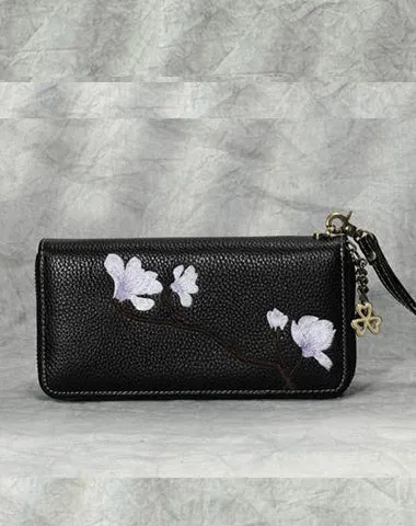 Magnolia Flower Embroidery Gray Leather Magnolia Wristlet Wallet Womens Zip Around Wallets Flowers Magnolia Ladies Zipper Clutch Wallet for Women