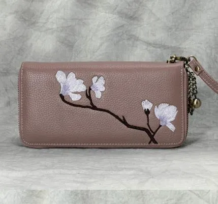 Magnolia Flower Embroidery Gray Leather Magnolia Wristlet Wallet Womens Zip Around Wallets Flowers Magnolia Ladies Zipper Clutch Wallet for Women