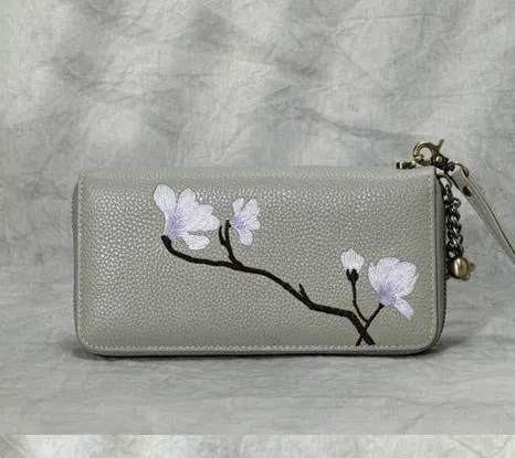 Magnolia Flower Embroidery Gray Leather Magnolia Wristlet Wallet Womens Zip Around Wallets Flowers Magnolia Ladies Zipper Clutch Wallet for Women