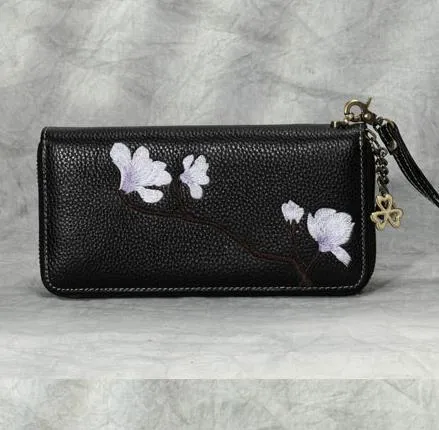 Magnolia Flower Embroidery Gray Leather Magnolia Wristlet Wallet Womens Zip Around Wallets Flowers Magnolia Ladies Zipper Clutch Wallet for Women