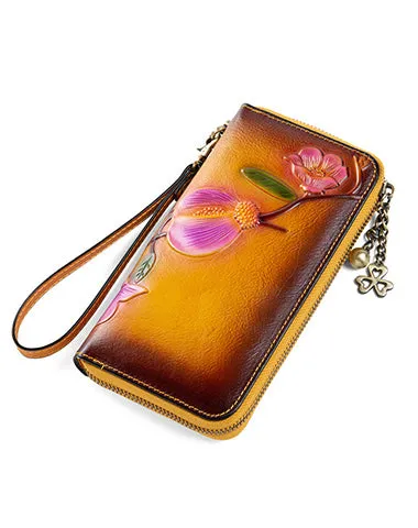 Plum Blossom Flower Red Leather Wristlet Wallet Womens Zip Around Wallets Flower Ladies Zipper Clutch Wallets for Women
